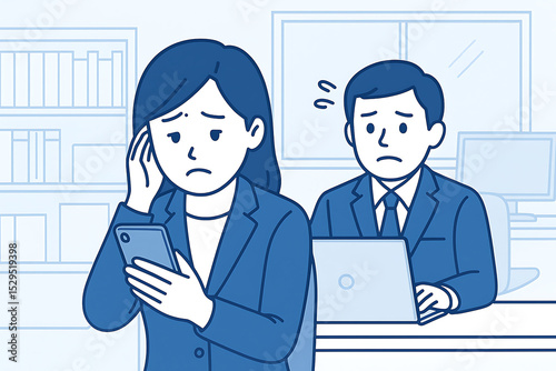 スマホでの投稿に悩む女性社員と心配する同僚のイラスト・SNSによる社内トラブル