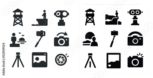 Adventure and travel solid icons set – silhouette, filled, journey and exploration symbols