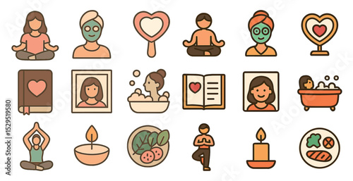 Self-care and wellness icons set – outline, linear, spa and relaxation symbols