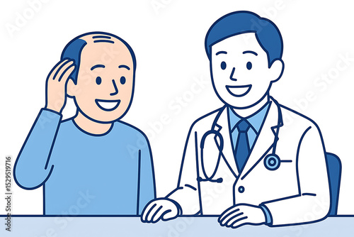 薄毛治療で笑顔を見せる男性と医師のイラスト・前向きなAGA相談の場面