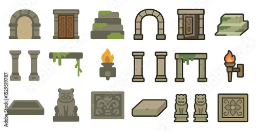 Ancient architecture flat icons set – historical, archeological site symbols and designs