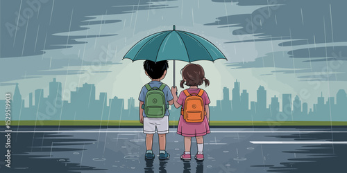 Children Under Umbrella in the Rain