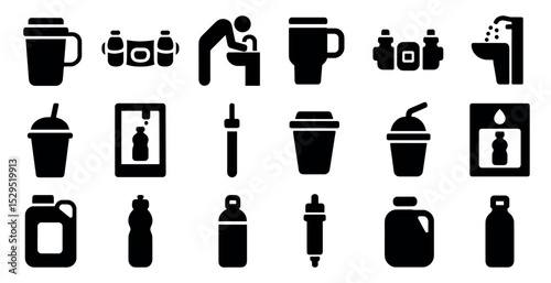 Water and beverage solid icons set – filled, drink and hydration symbols