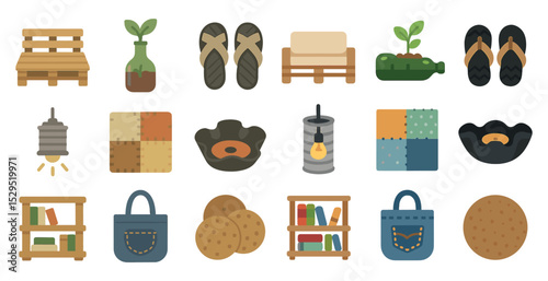 Eco-friendly lifestyle flat icons set – sustainable, green living, reusable symbols