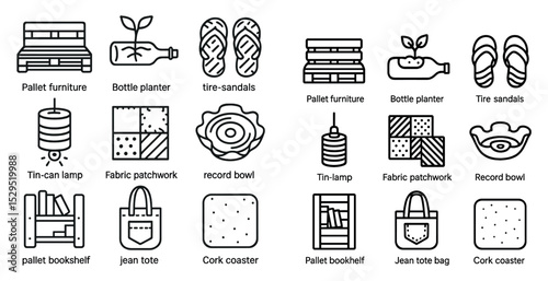 Recycled furniture and decor icons set – outline, linear, sustainable design symbols
