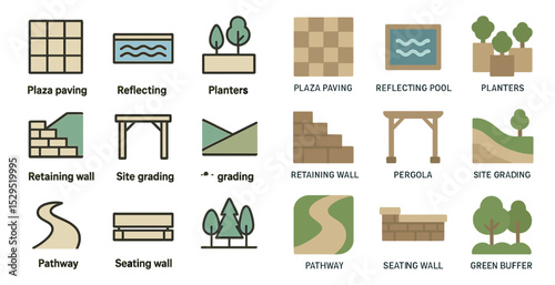 Landscaping line icons set – outline, linear, garden and outdoor design symbols