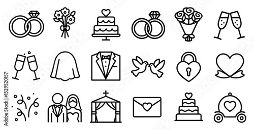 Wedding celebration icons set – linear, outline, bridal and marriage symbols