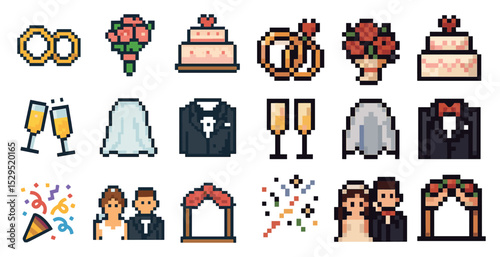 Wedding and celebration pixel art icons set – pixel, outline, marriage symbols