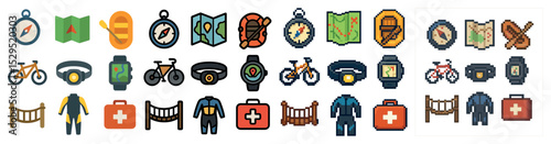 Adventure and travel icons set – pixel art, map, navigation symbols for explorers