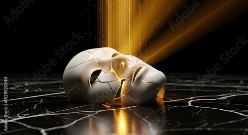 Cracked Mask with Golden Light – Surreal 3D Concept of Hidden Identity