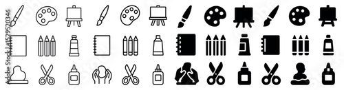 Art and craft outline icons set – linear, sketch, drawing tool symbols