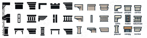 Architectural elements solid icons set – filled, silhouette, building components