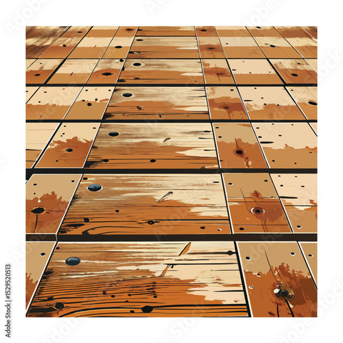 Wood Plank Vector Floor Background Perspective with Holes, Brown, Beige, and Orange