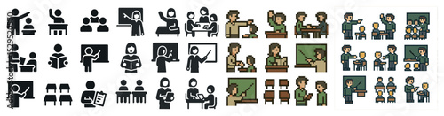 Education and classroom pixel art icons set – teaching, learning, academic symbols