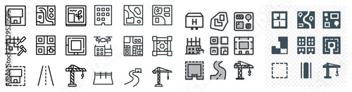Architecture and construction outline icons set – line, building, city planning graphics