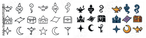 Magic and fantasy outline icons set – linear, pixel art, mythical symbols and treasures