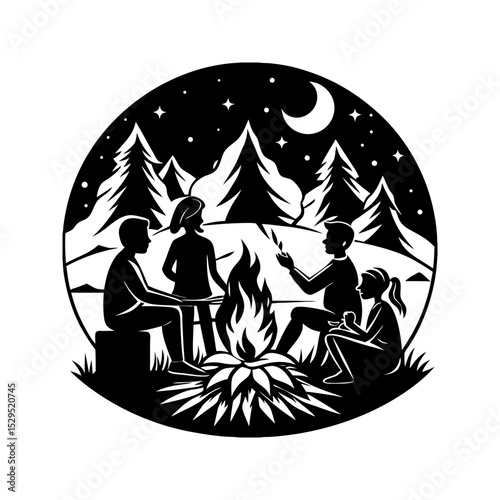 Vintage engraving campfire night scene vector illustration
