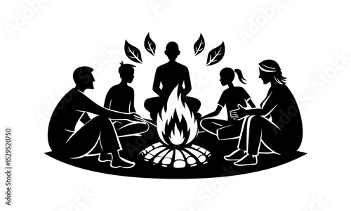 Vintage engraving style family campfire vector illustration