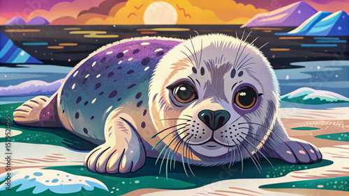 baby seal peacefully lying on frozen shore ice ideal for arctic wildlife, nature conservation, and winter-themed creative visuals