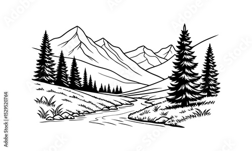 Vintage mountain river landscape engraving vector illustration