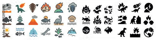 Dinosaur and prehistoric icons set – filled, silhouette, fossil and extinction symbols