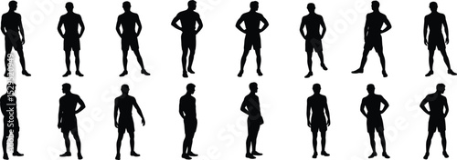 Set of 16 vector silhouettes of men in various poses, standing, body outline, isolated on transparent background, male figures in different positions, black silhouettes, business, fashion, lifestyle.