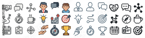 Business and communication icons set – pixel art, linear, corporate symbols