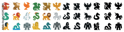 Fantasy creature icons set – silhouette, solid, mythical and legendary beasts