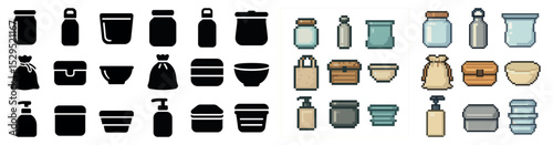 Eco product packaging icons set – solid, silhouette, green and sustainable symbols
