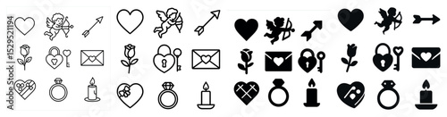 Love and romance icons set – outline, flat, valentine's day symbols and motifs