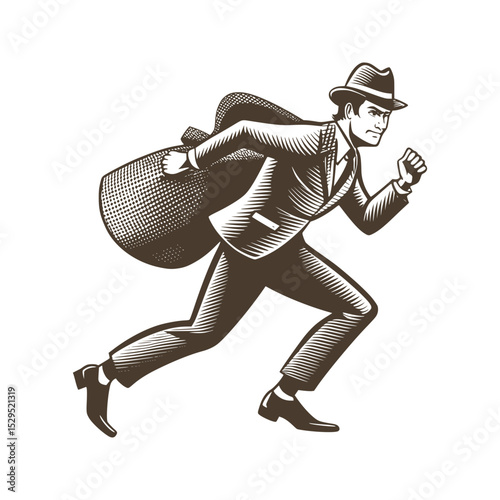 Vintage engraving style running man vector illustration