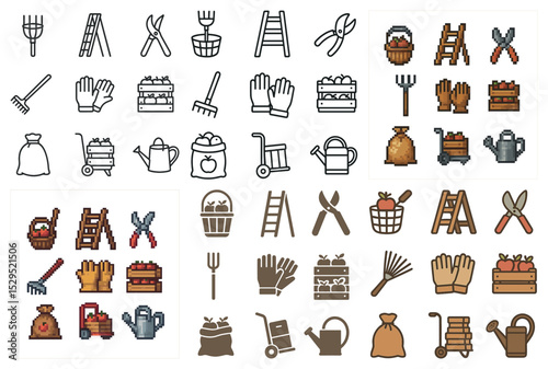 Gardening and farming outline icons set – linear, flat, tools and plant symbols