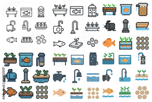 Aquatic and gardening icon set – pixel art, outline, fish and plant cultivation symbols