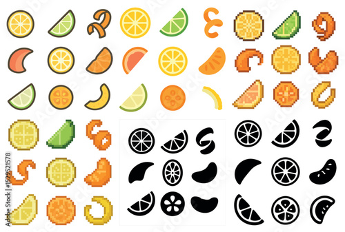 Fruits and citrus icons set – pixel art, outline, slices and fresh design elements