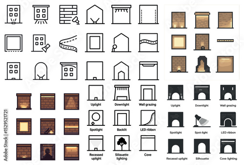 Home and architecture outline icons set – linear, flat, building and lighting symbols