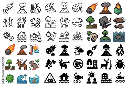 Natural disaster icons set – pixel art, outline, environment and hazard symbols