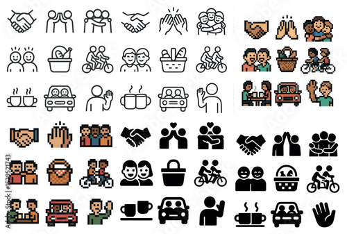Community and interaction icons set – pixel art, outline, social connection graphics