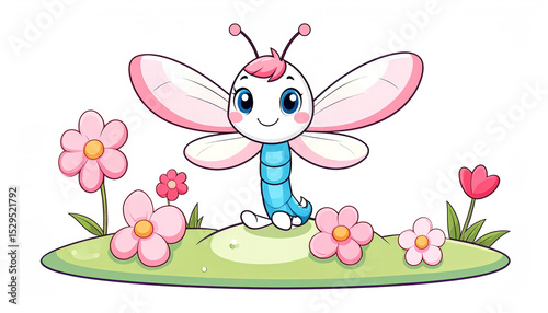 Charming Cute cartoon dragonfly with sparkly wings, resting on a flowering twig, soft pink tones on white.
