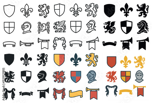 Heraldry symbols icons set – flat, outline, medieval and coat of arms designs
