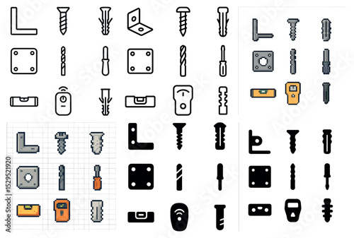 Tools and hardware pixel art icons set – isometric, outline, construction symbols