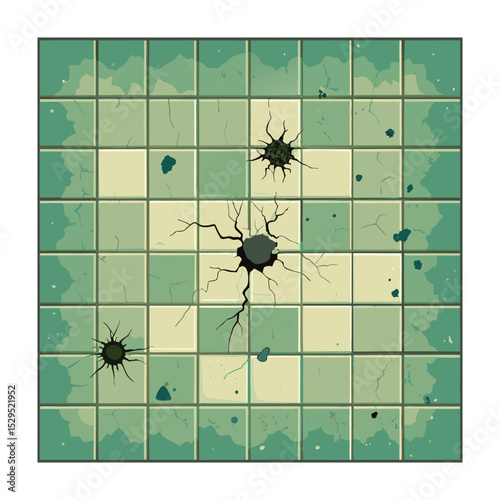 Damaged Tiled Floor Top Down, Checkerboard, Cracks, Holes, Game Asset