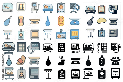 Neonatal care icons set – pixel art, outline, baby and hospital symbols