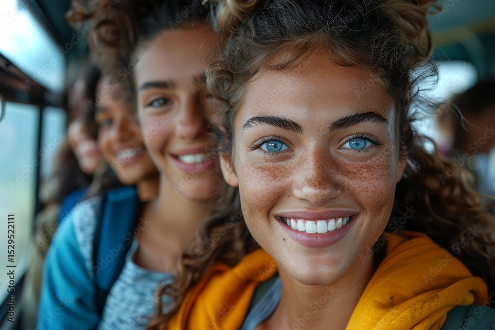 Fototapeta premium A cheerful group of friends smiles brightly while enjoying a journey together, capturing the spirit of friendship, joy, and unforgettable experiences.