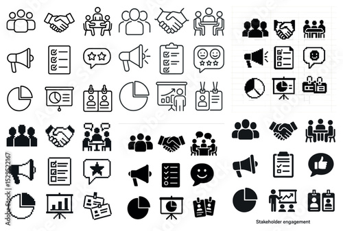 Stakeholder engagement icons set – solid, pixel art, collaboration symbols