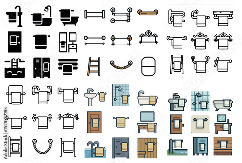 Bathroom and fixtures icons set – silhouette, line, plumbing and home decor symbols