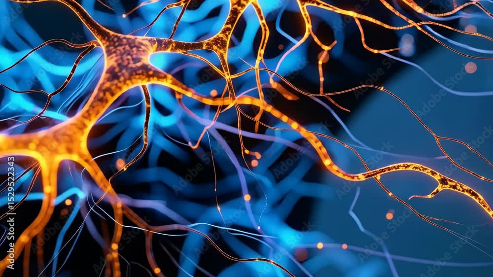 Detailed neuron structure illustration, dendritic branches glowing, neurological network communication, bright orange and blue, synapse pathways, cell biology visualization Detailed neuron structure illustration, dendritic branches glowing, neurological network communication, bright orange and blue, synapse pathways, cell biology visualization