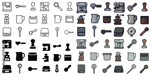 Coffee and barista icons set – pixel art, outline, espresso and cafe symbols