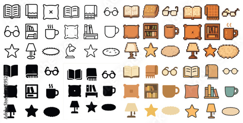 Home and reading linear icons set – line, outline, study and leisure symbols