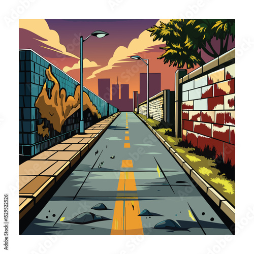 Urban Street Illustration: Graffiti, Architecture, Sunset, and Cityscape