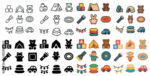 Camping and outdoors icons set – pixel art, flat, adventure and nature symbols